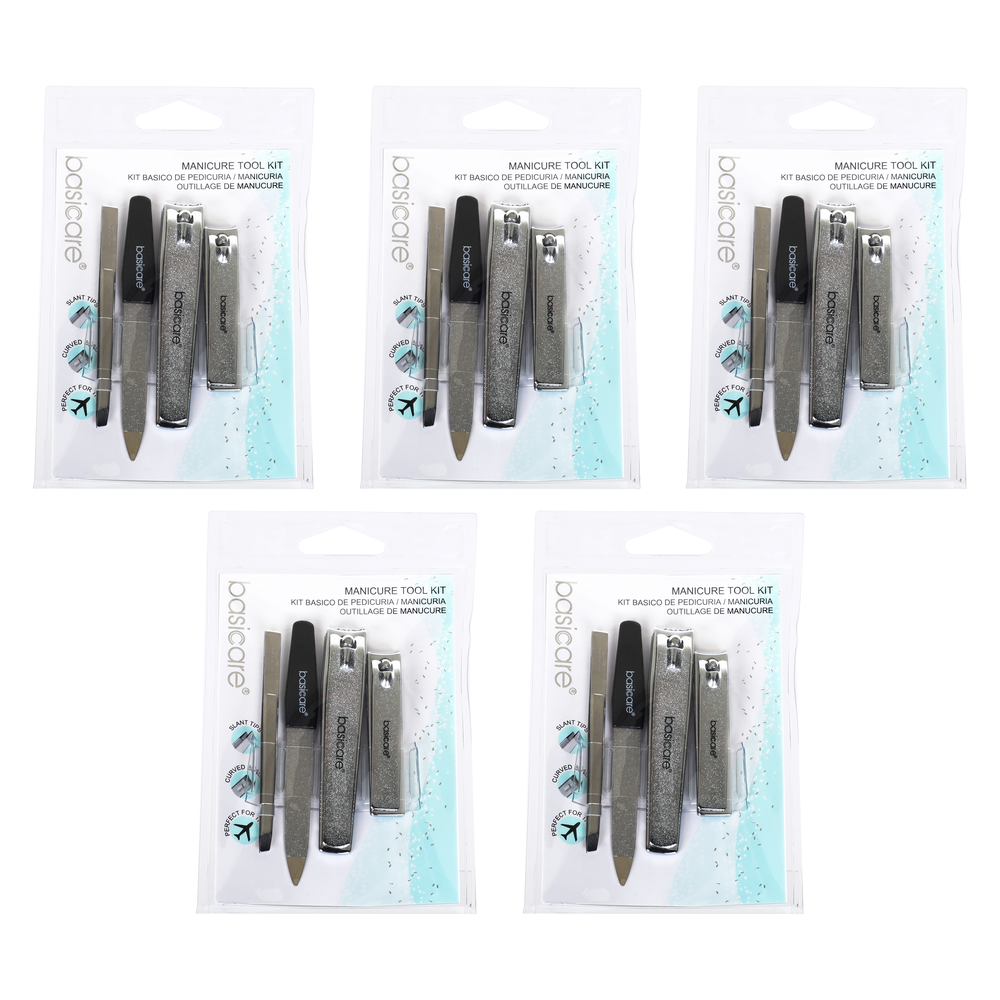 Basicare Stainless Steel Manicure Tool Kit Bundle of 5 Clippers Tweezers File