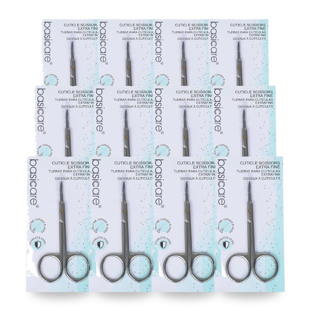 Basicare Extra Fine Cuticle and Hangnail Curved Blade Nail Scissors Precision Pack of 12