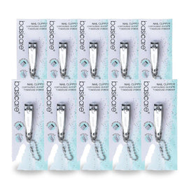 Basicare Stainless Steel Nail Clipper with Contoured Blades File and Keychain Pack of 10