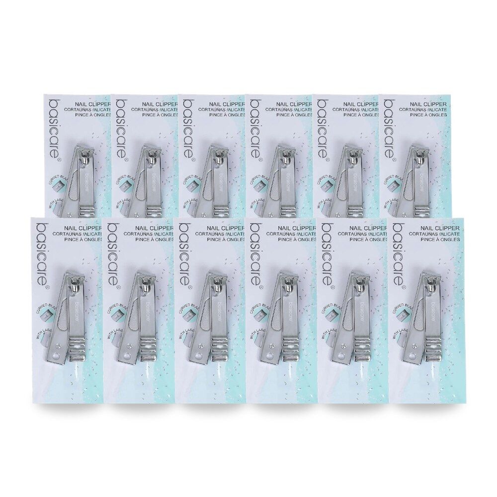 Basicare Nail Clipper Stainless Steel Curved Blades with Built In Laser File Pack of 12