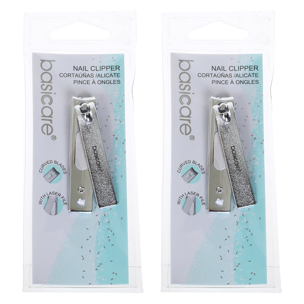 Basicare Stainless Steel Nail Clipper Contoured Blades Laser File Pack of 2
