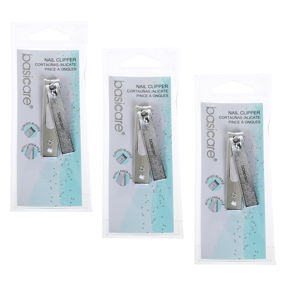 Basicare Stainless Steel Nail Clipper Contoured Blades Laser File Bundle of 3