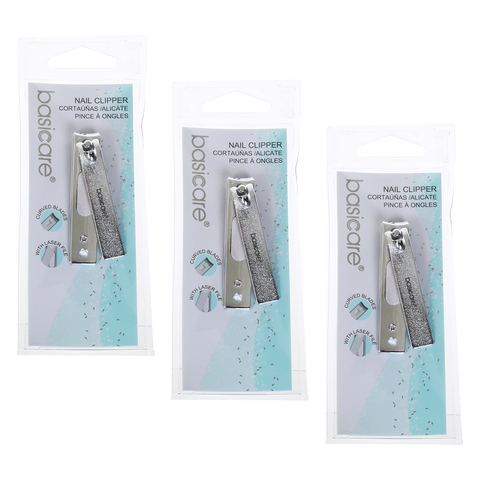 Basicare Stainless Steel Nail Clipper Contoured Blades Laser File Bundle of 3