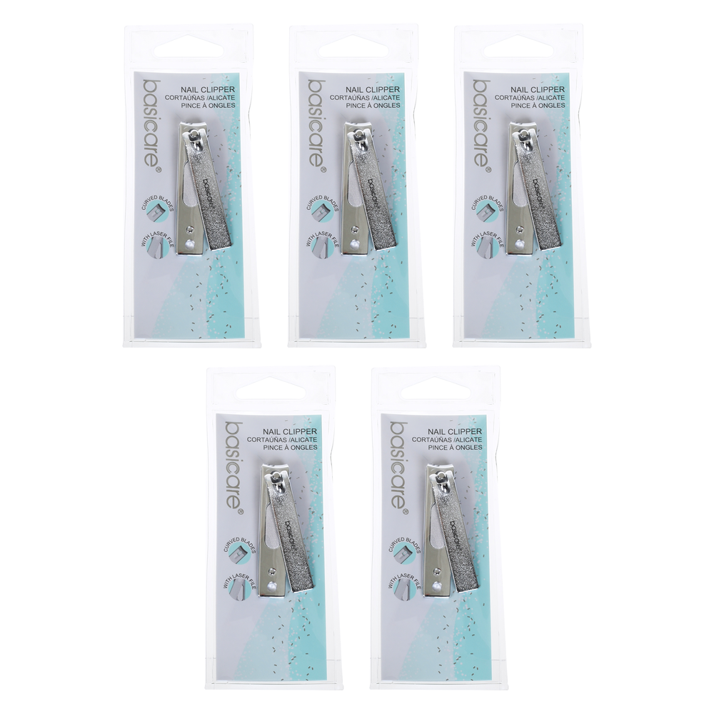 Basicare Stainless Steel Nail Clipper 5 Pack Contoured Blades Laser File