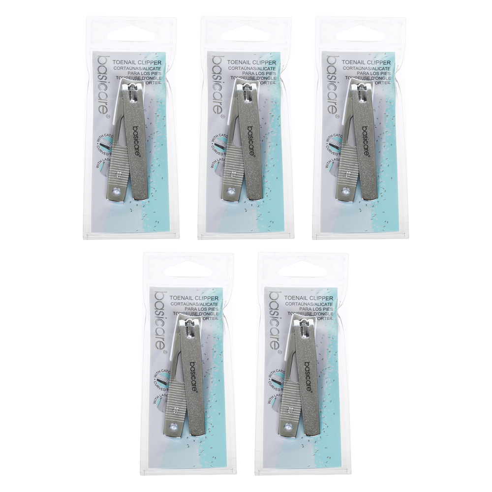 Basicare Stainless Steel Toenail Clipper with Catcher and Laser File 5 Pack