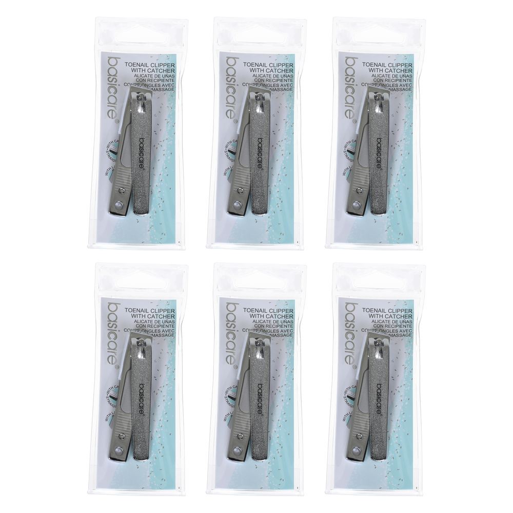 Basicare Stainless Steel Straight Toenail Clippers with Catcher Bundle of 6