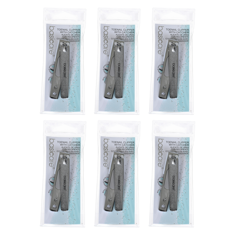 Basicare Stainless Steel Straight Toenail Clippers with Catcher Bundle of 6