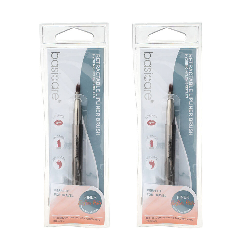Basicare Retractable Lip Liner Brush Travel Nylon Bristles Silver Tube 2pk