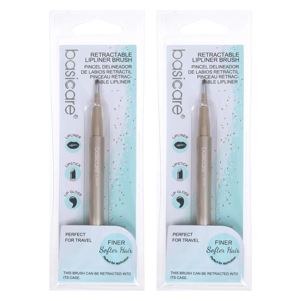 Basicare Retractable Lip Liner Brush Travel Nylon Bristles Silver Tube 2pk