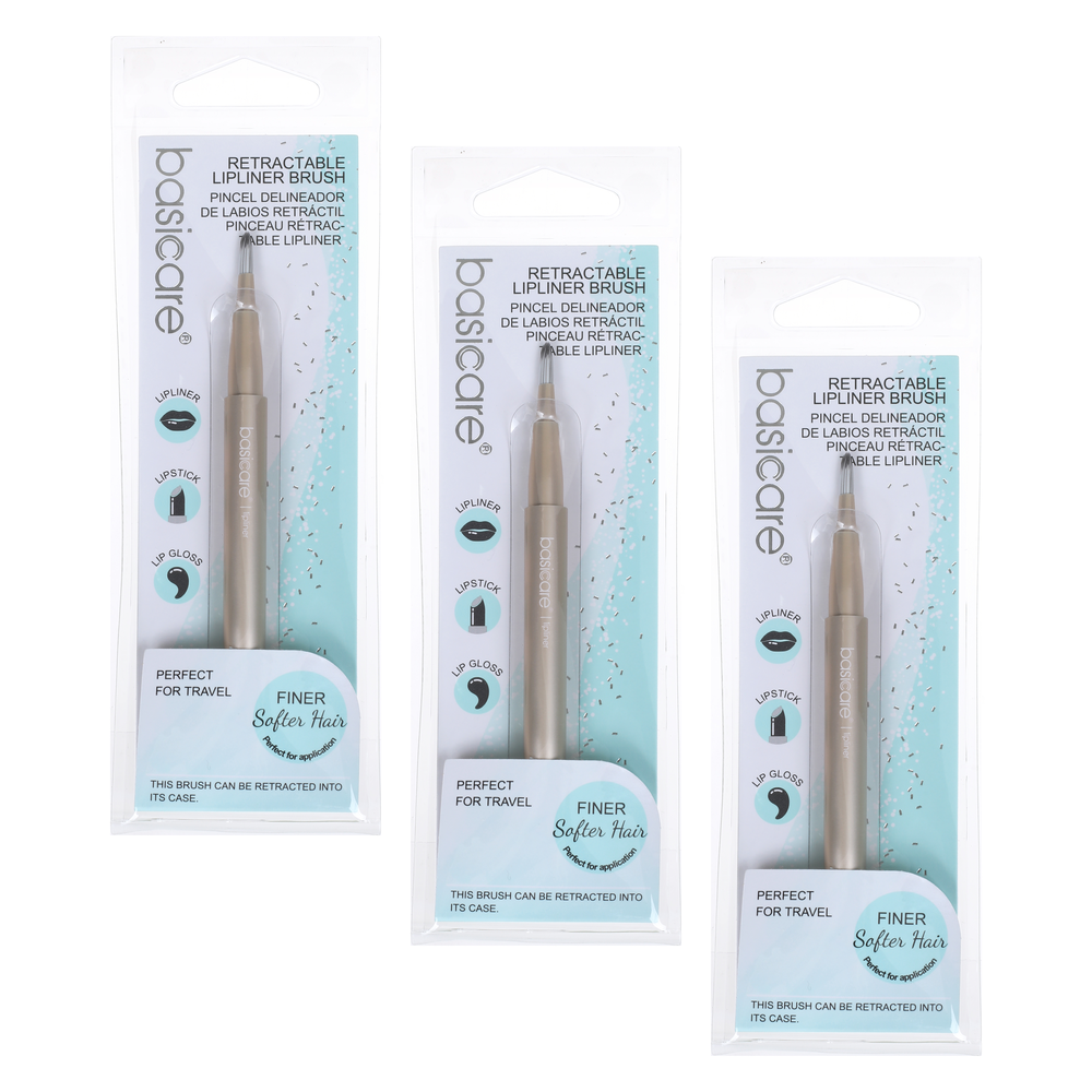 Basicare Retractable Lip Liner Brush Bundle of 3 Travel Nylon Silver Tube