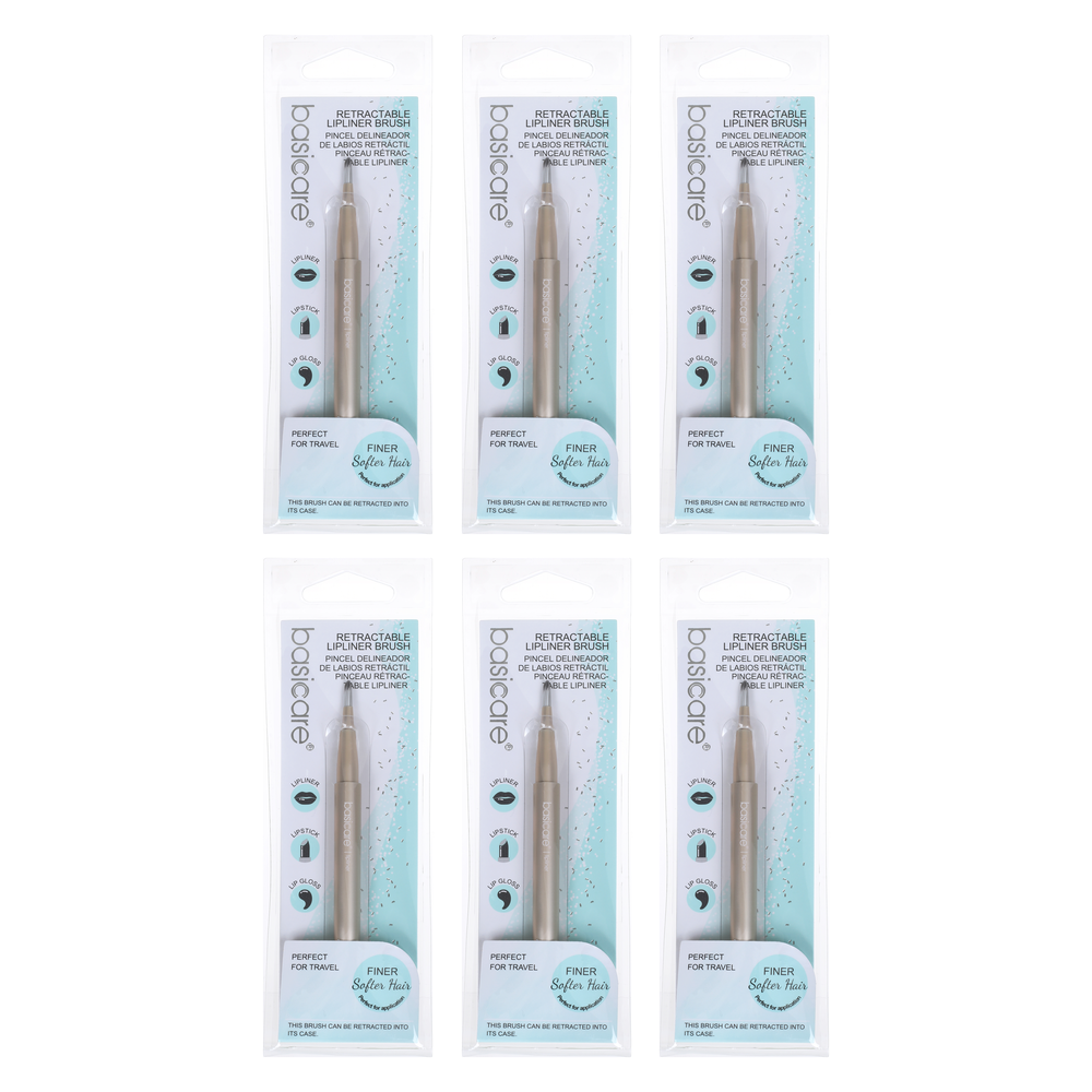 Basicare Retractable Lip Liner Brush 6 Pack Bundle Travel Nylon Silver Tube