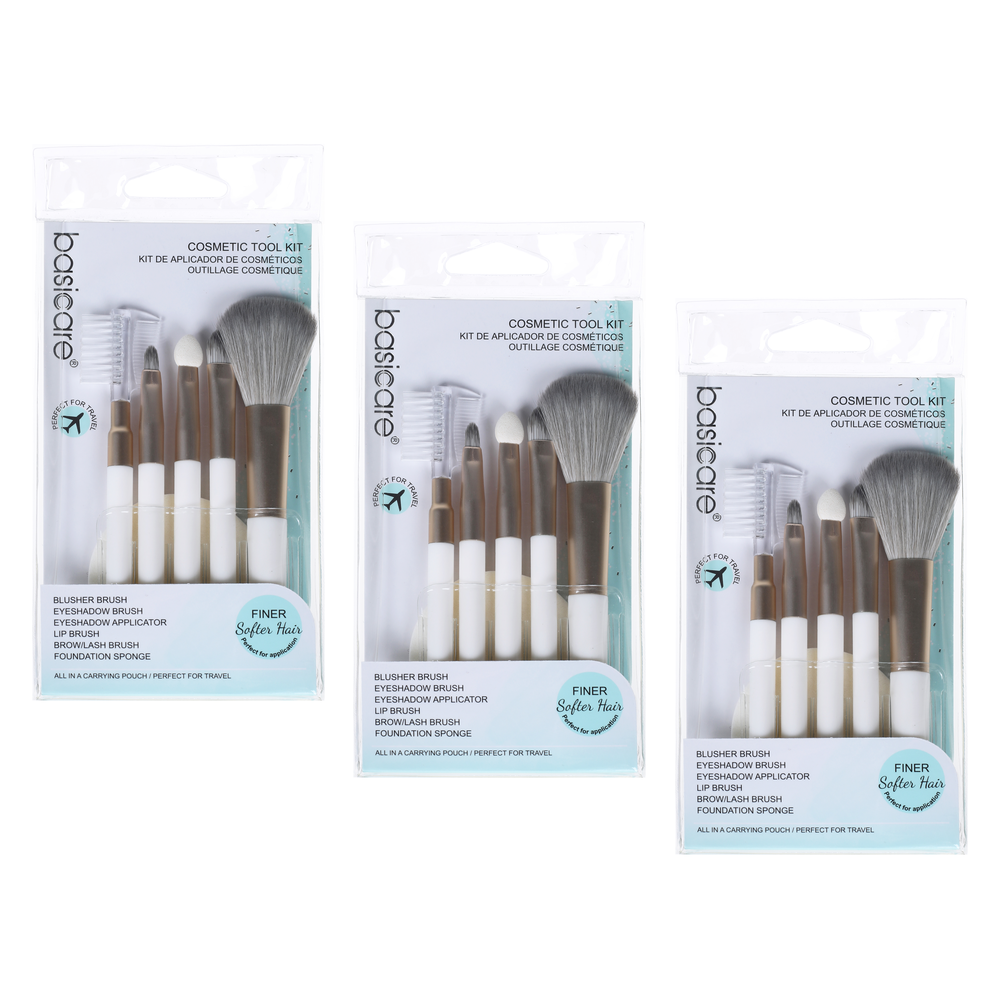 Basicare 5 Piece Cosmetic Brush Set with Foundation Sponge Bundle of 3