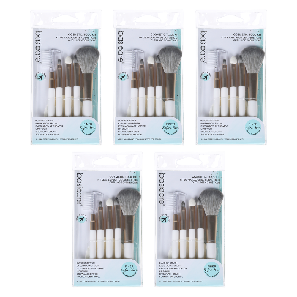 Basicare Bundle of 5 Cosmetic Brush Set with Foundation Sponge