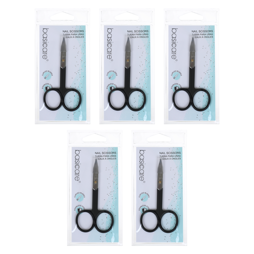 Basicare Stainless Steel Nail Scissors Rubber Grip Precision 5 Pack