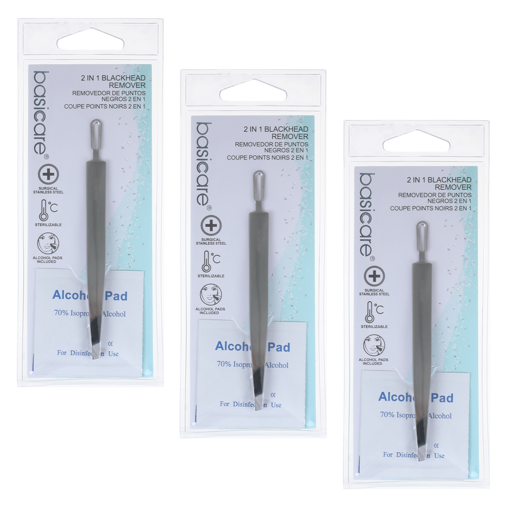 Basicare Bundle of 3 2 in 1 Blackhead Remover and Slant Tip Tweezers