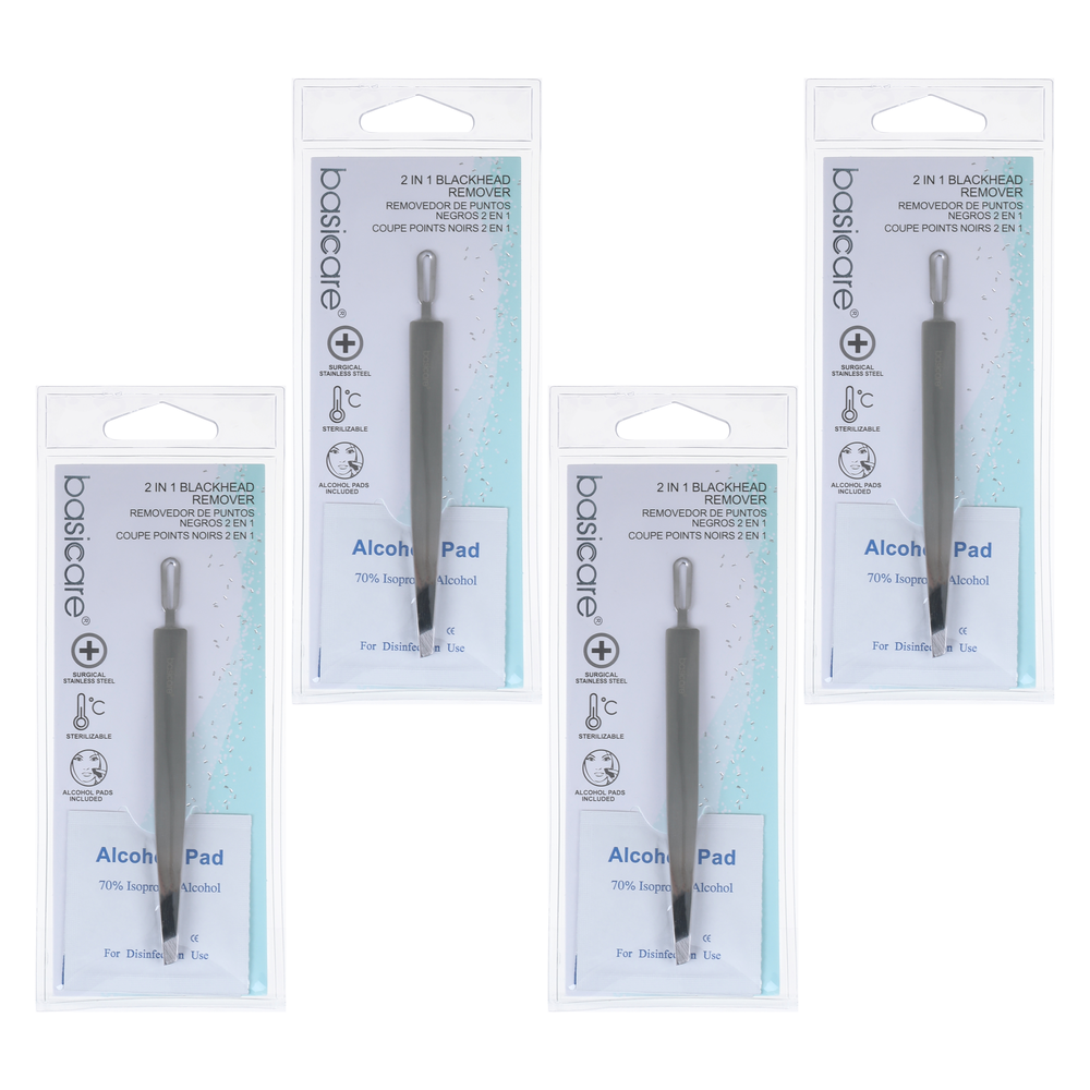 Basicare 2 in 1 Blackhead Remover and Slant Tip Tweezers Bundle of 4