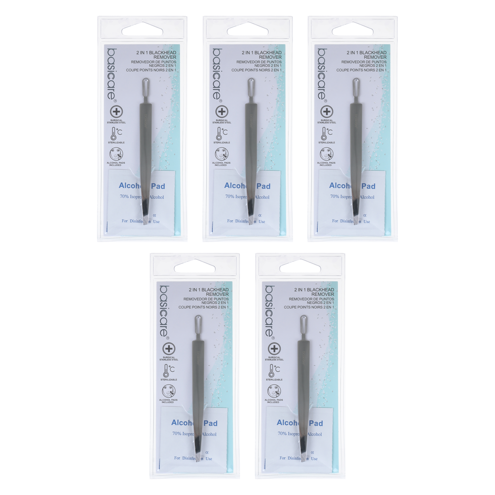 Basicare 2 in 1 Blackhead Remover Slant Tip Tweezers Bundle of 5