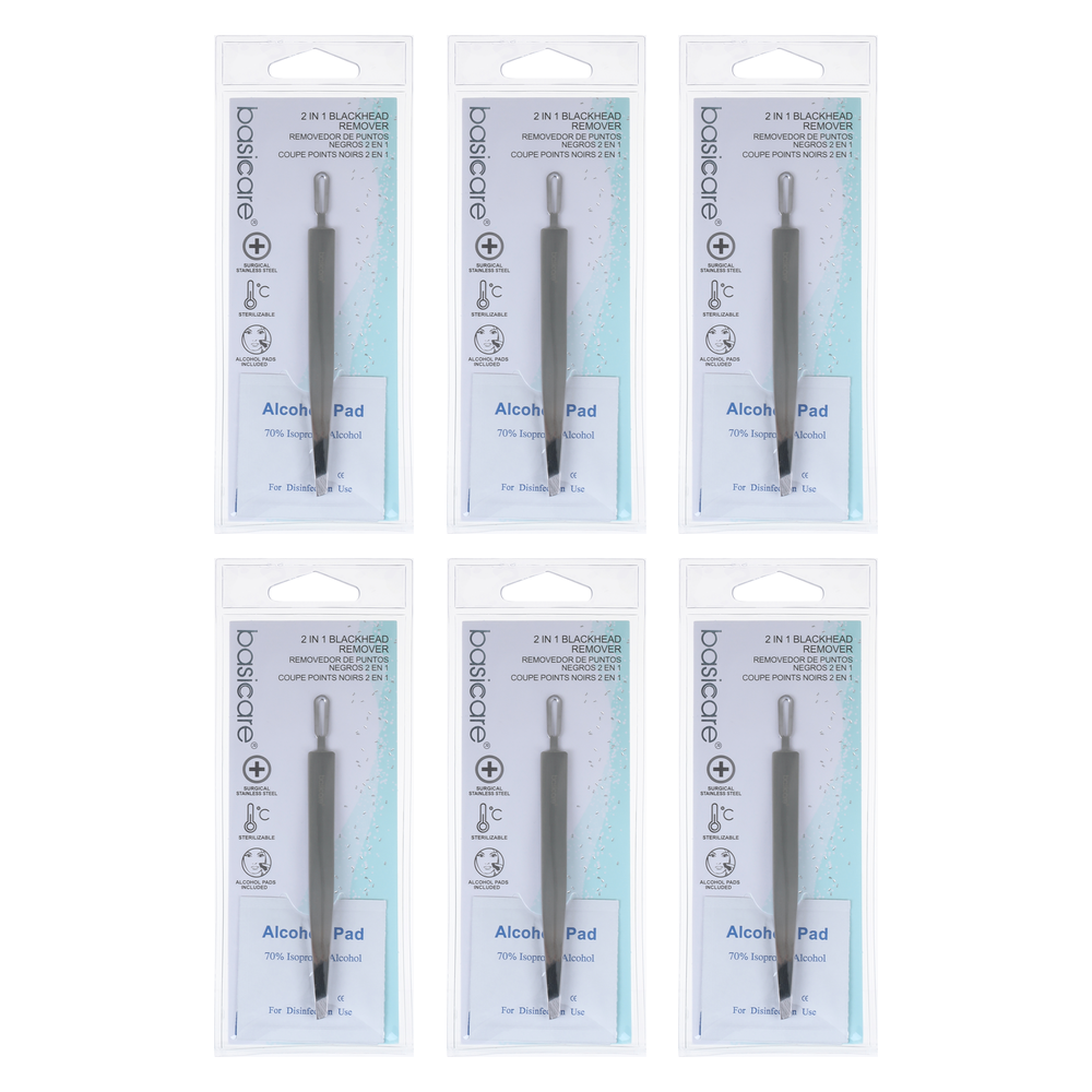 Basicare Bundle of 6 2 in 1 Blackhead Remover and Slant Tip Tweezers