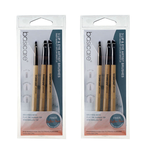 Basicare 3 Piece Lip and Eye Artist Makeup Brushes Set 13cm Nylon Bristles x 2