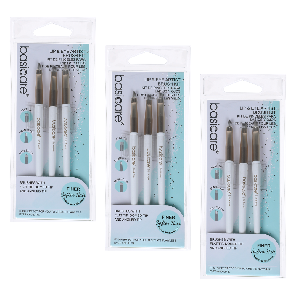 Basicare Bundle of 3 Lip and Eye Artist Makeup Brushes Set 13cm Nylon