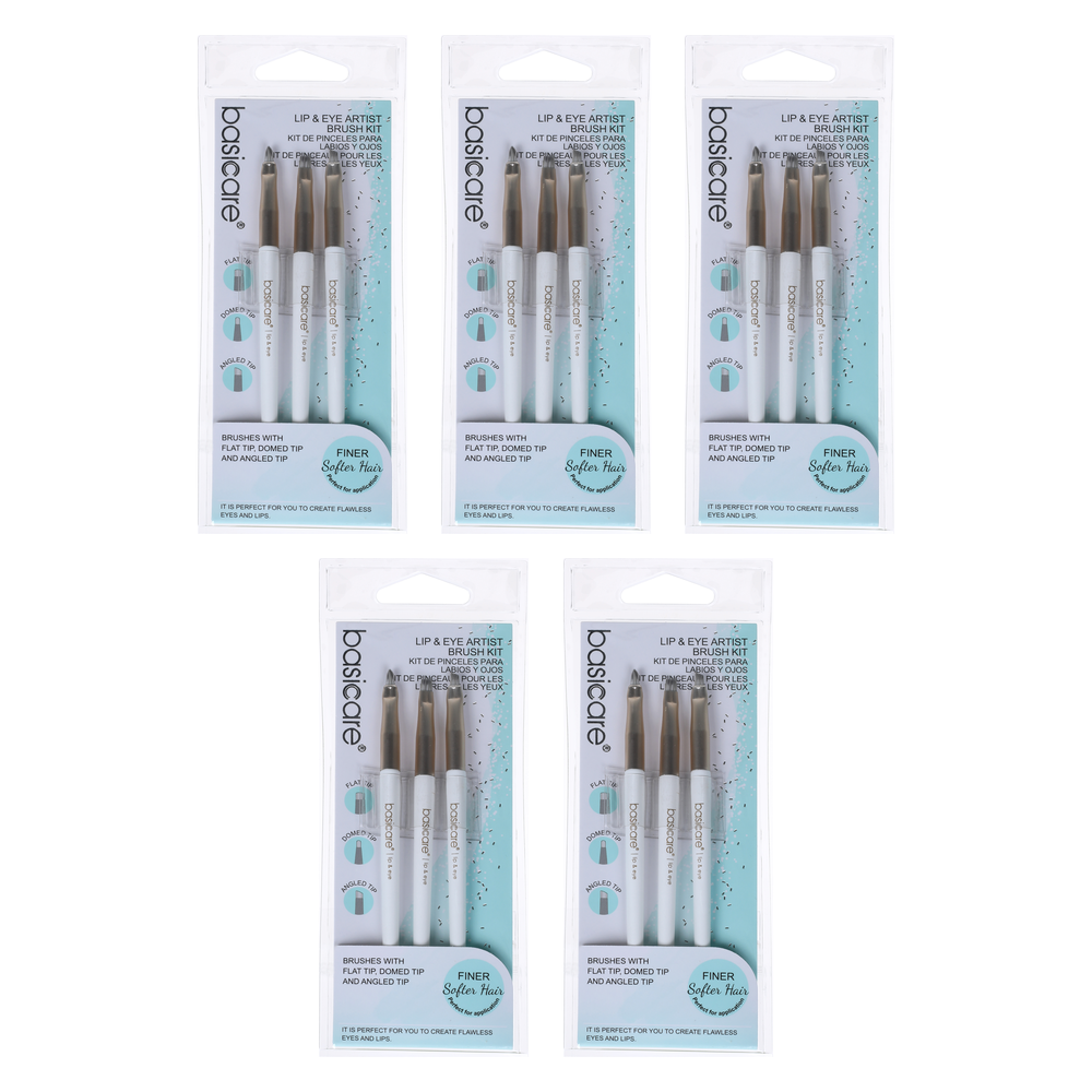 Basicare 3 Piece Lip and Eye Brush Set 13cm Nylon Bristles 5 Pack