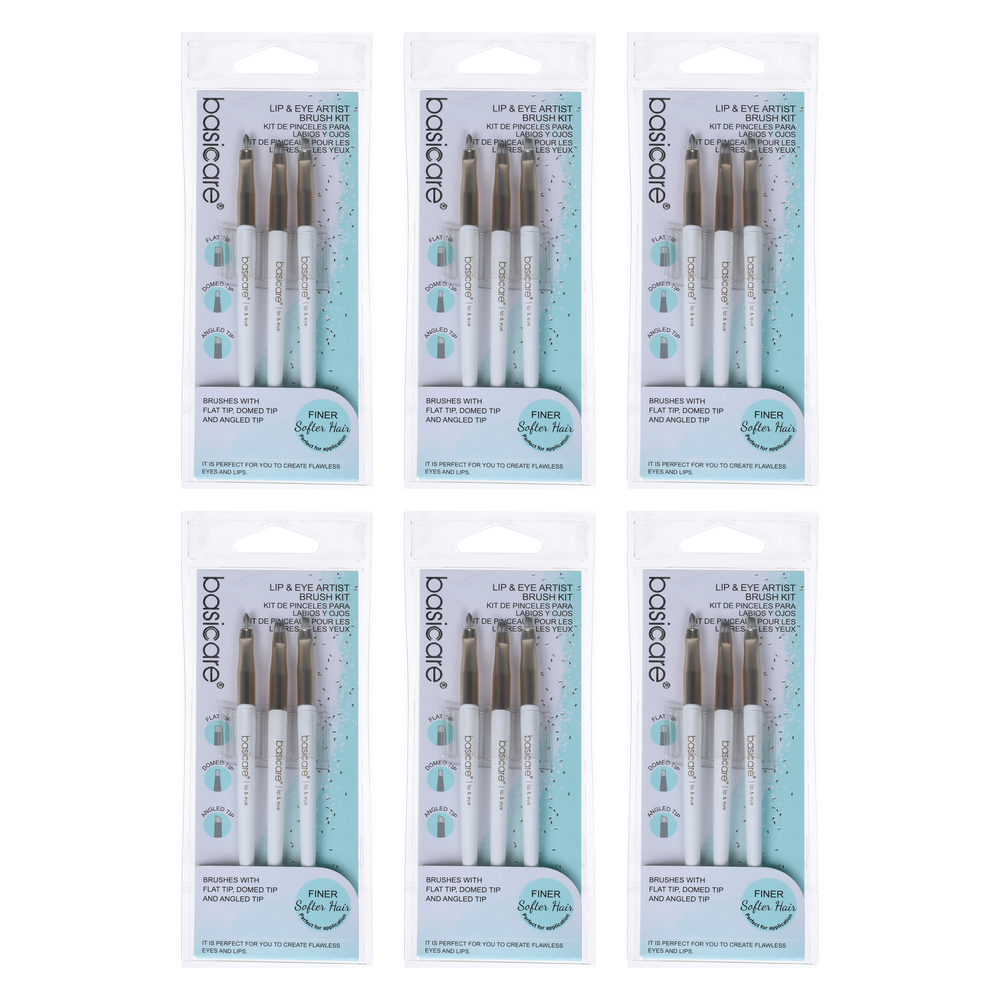 Basicare 3 Piece Lip and Eye Makeup Brush Set 13cm Nylon 6 Pack Bundle