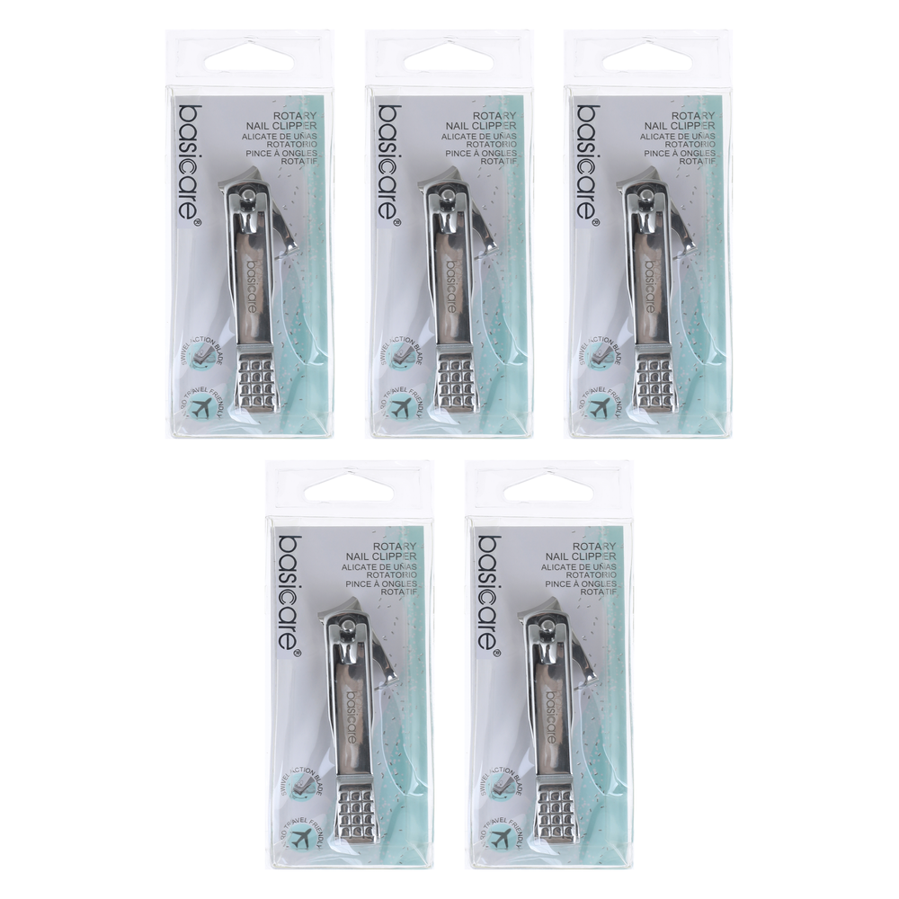 Basicare Ergonomic Rotary Nail Clipper Bundle of 5 Handled Travel Pack