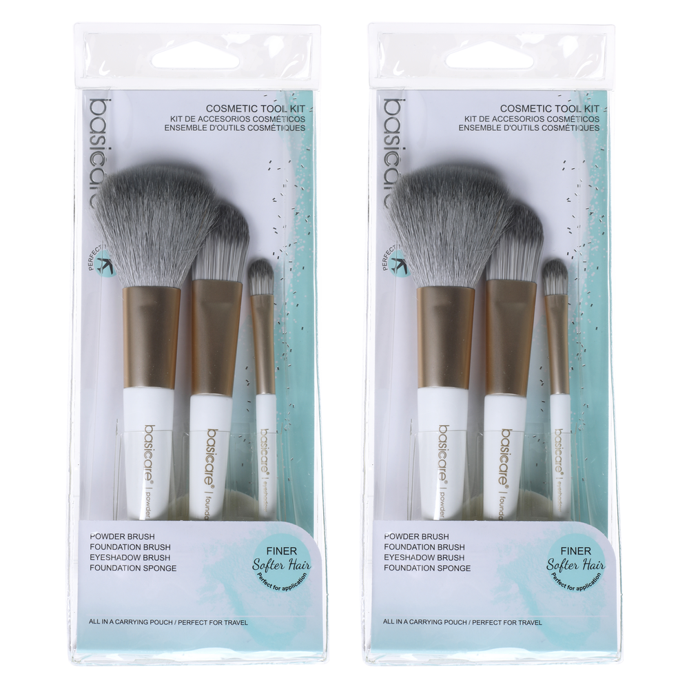 Basicare 3 Piece Makeup Brush Set with Foundation Sponge Twin Pack