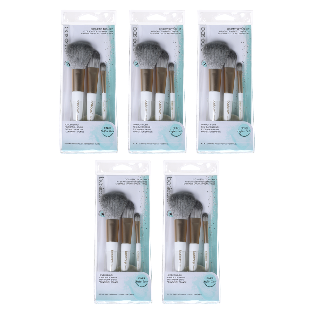 Basicare 3 Piece Makeup Brush Set with Sponge Bundle of 5 Travel Kit