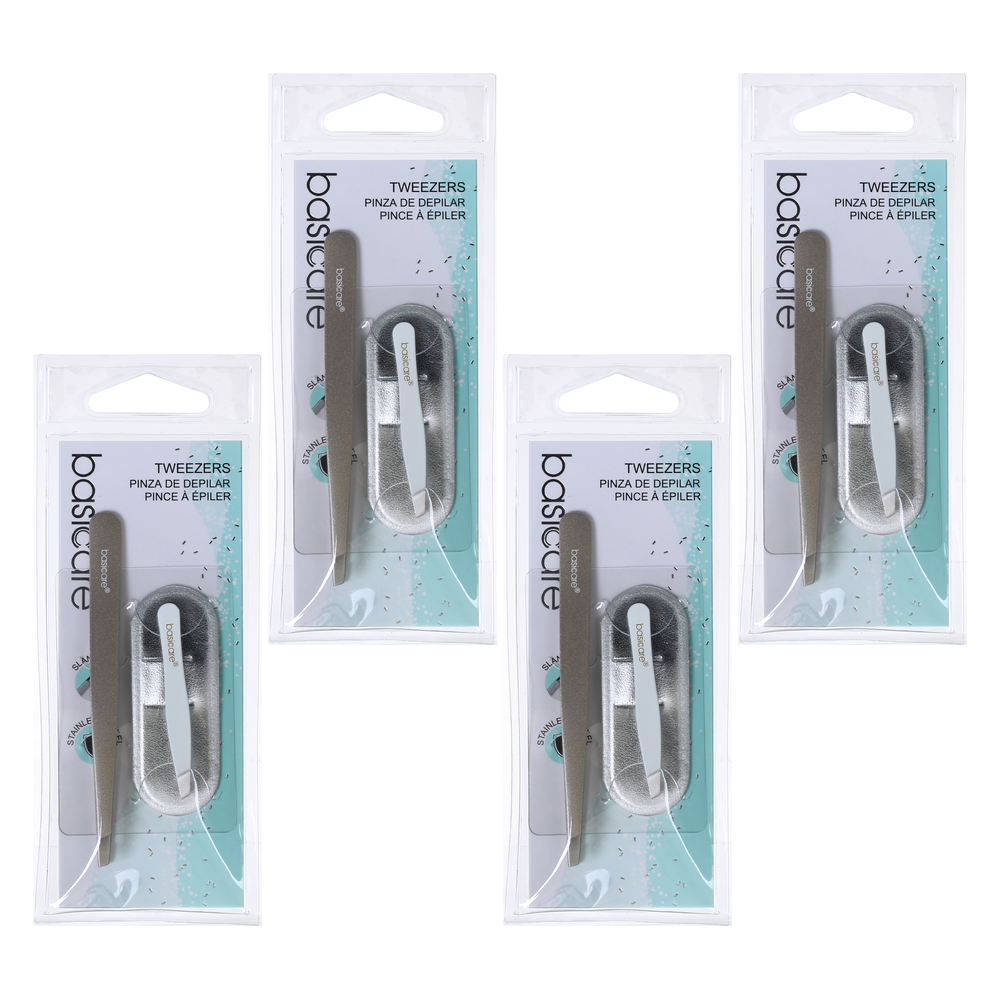 Basicare 4 Pack 2 Piece Tweezer Set Stainless Steel Eyebrow Hair Removal