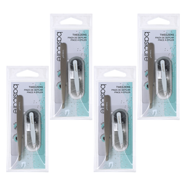 Basicare 4 Pack 2 Piece Tweezer Set Stainless Steel Eyebrow Hair Removal