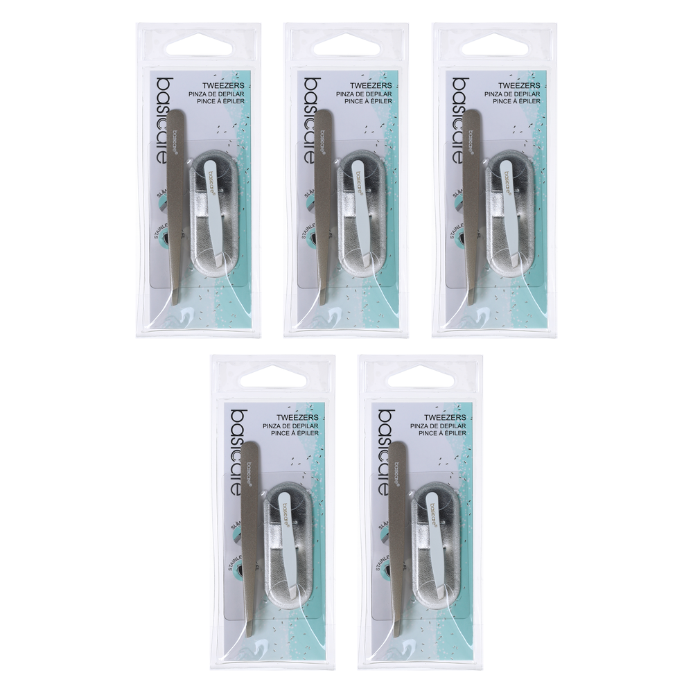 Basicare 2 Piece Tweezer Set Bundle of 5 Stainless Steel Slant Tip Tweezers