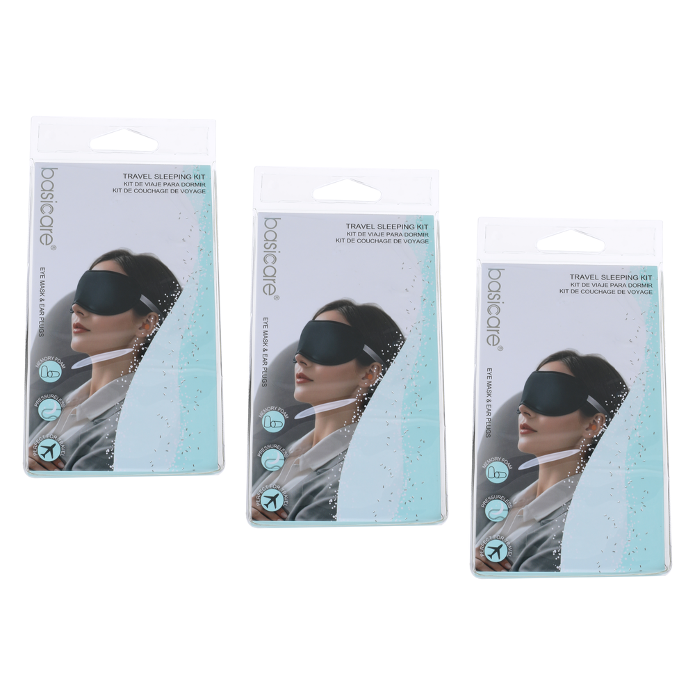 Basicare Travel Sleep Kit Bundle of 3 Eye Mask and Ear Plugs Case