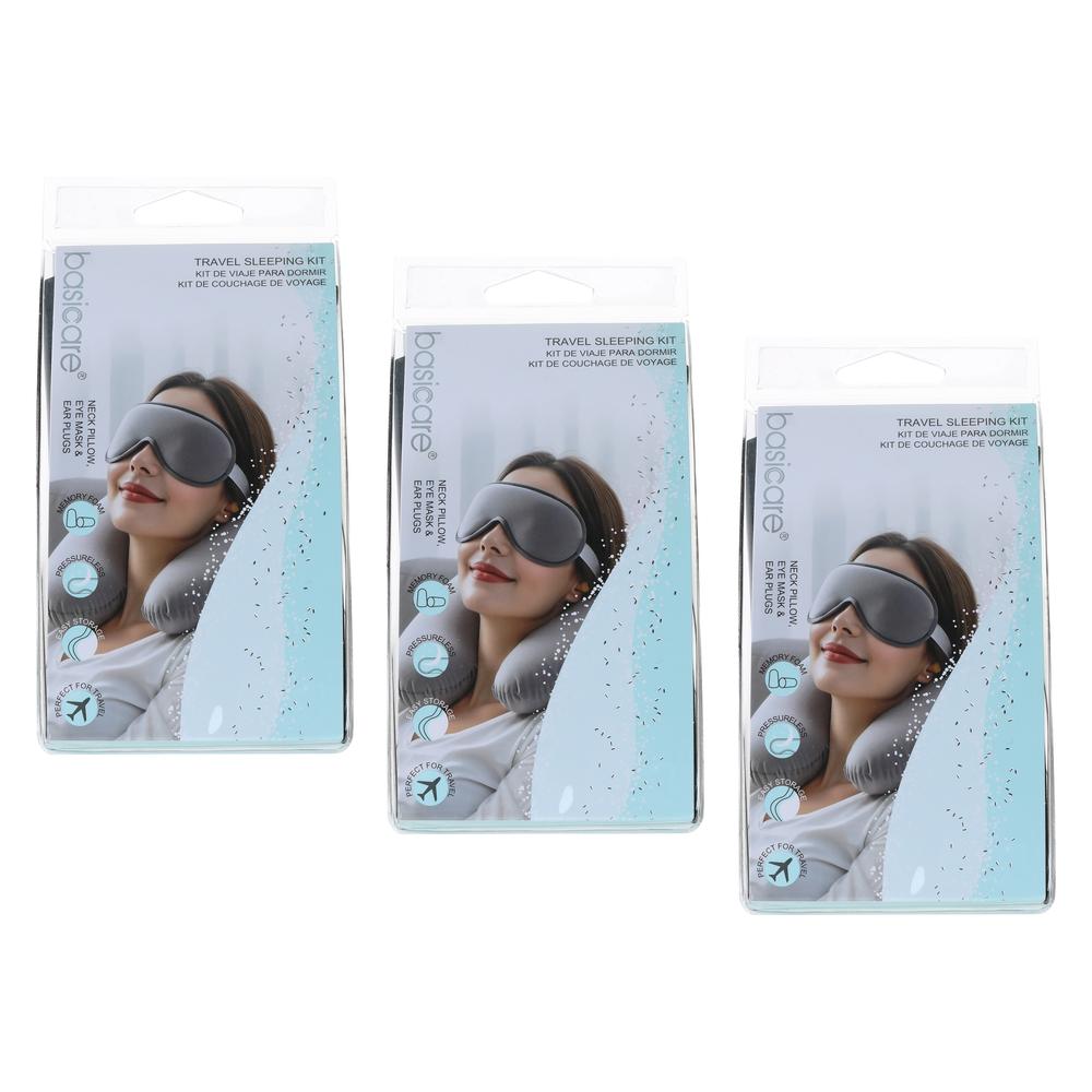 Basicare Travel Sleeping Kit 3 Pack Neck Pillow Eye Mask Ear Plugs