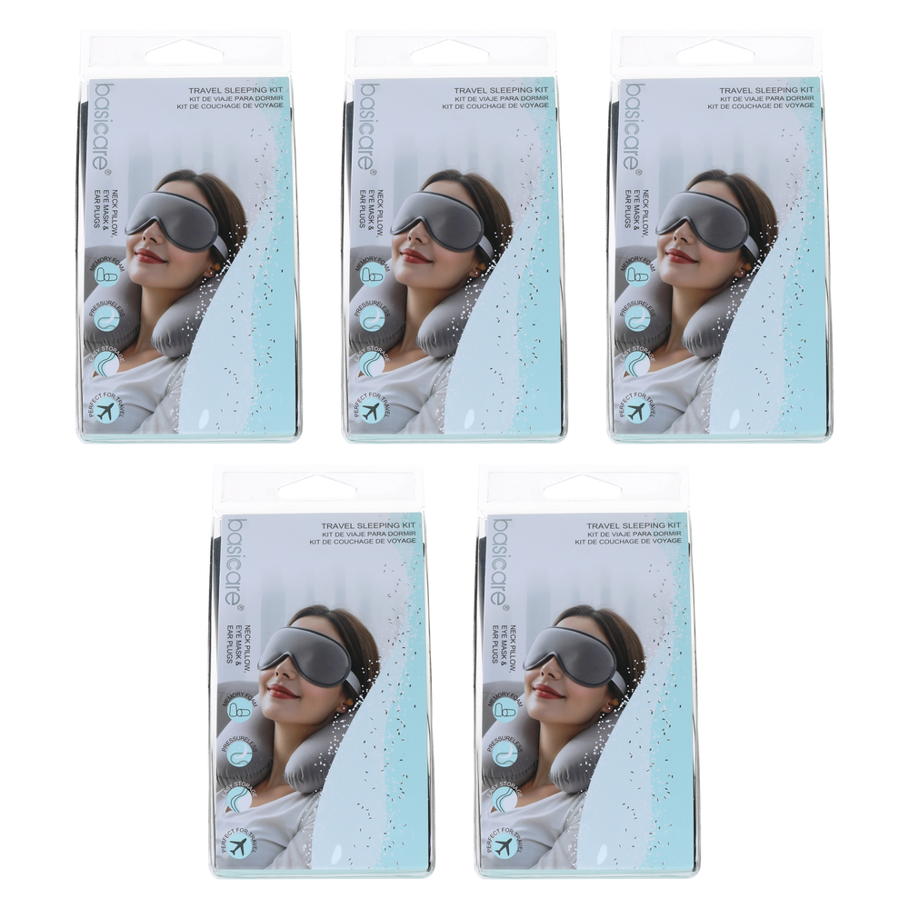 Basicare Travel Sleeping Kit Bundle of 5 Neck Pillow Eye Mask Ear Plugs