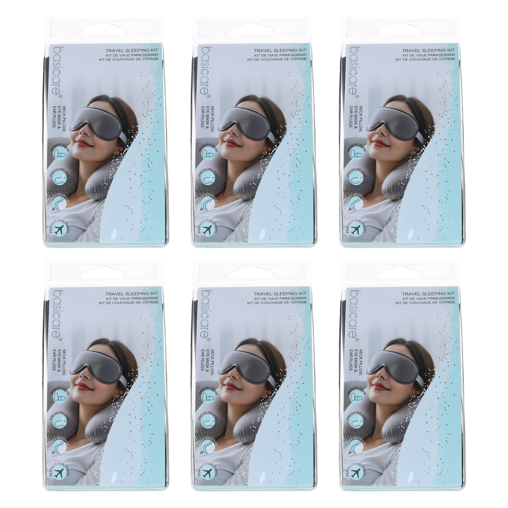 6 Pack Bundle Basicare Travel Sleeping Kit Neck Pillow Eye Mask Ear Plugs