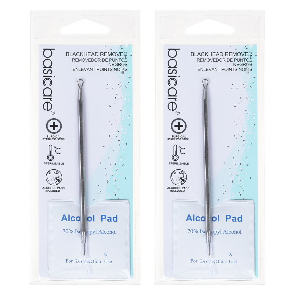 Basicare Blackhead Remover Tool Stainless Steel with Alcohol Prep Pads x 2