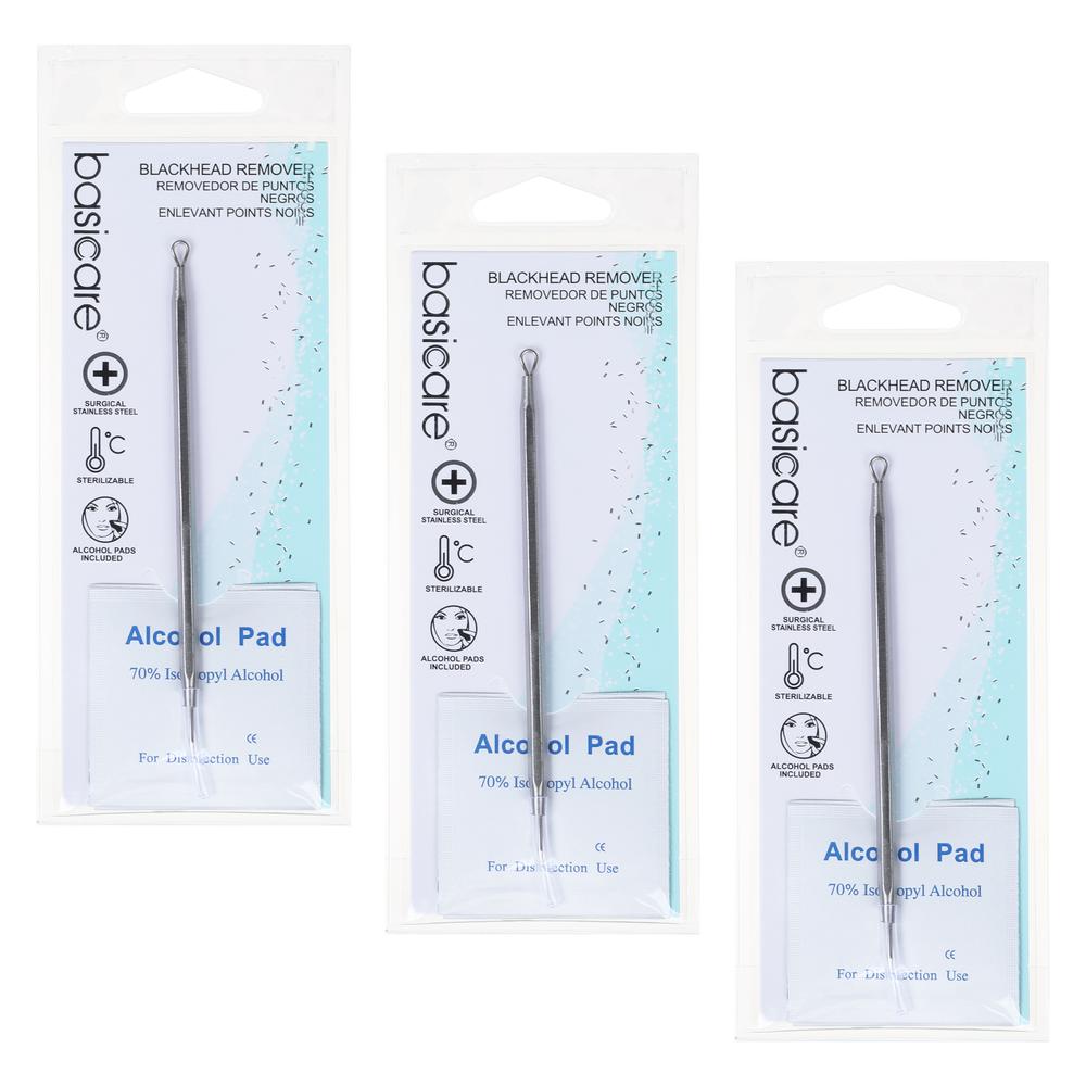 Basicare Blackhead Remover Tool 3 Pack Stainless Steel with Alcohol Prep Pads