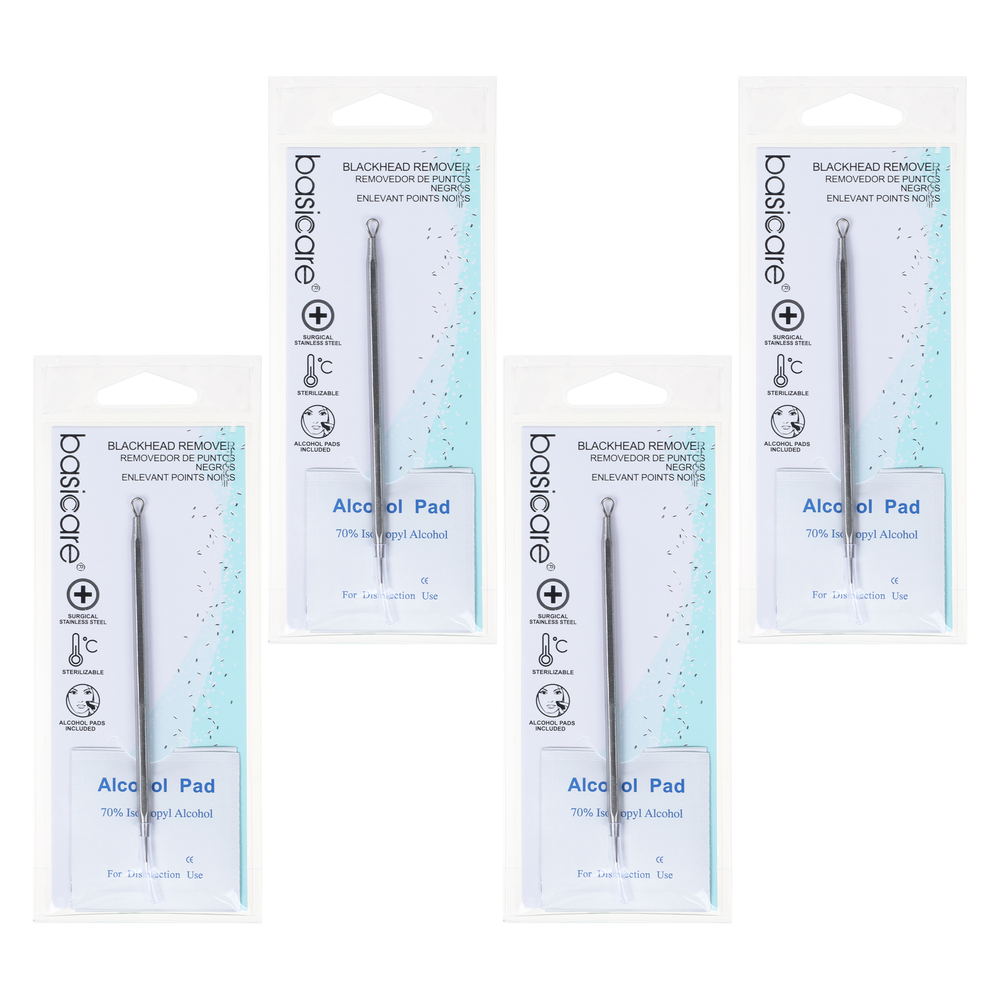Basicare Blackhead Remover Tool Bundle of 4 Stainless Steel with Alcohol Pads