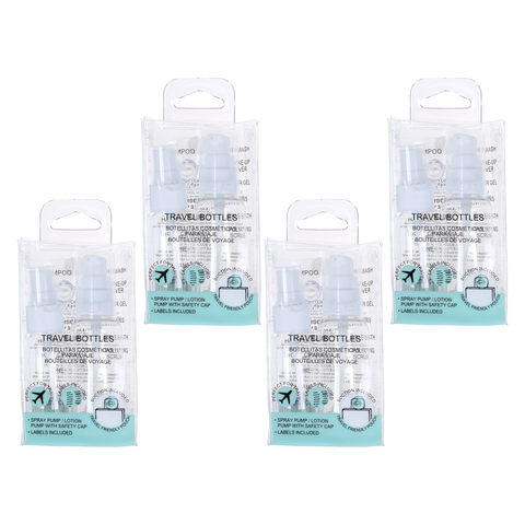 Basicare Bundle of 4 Refillable Travel Bottles with Pumps and Labels