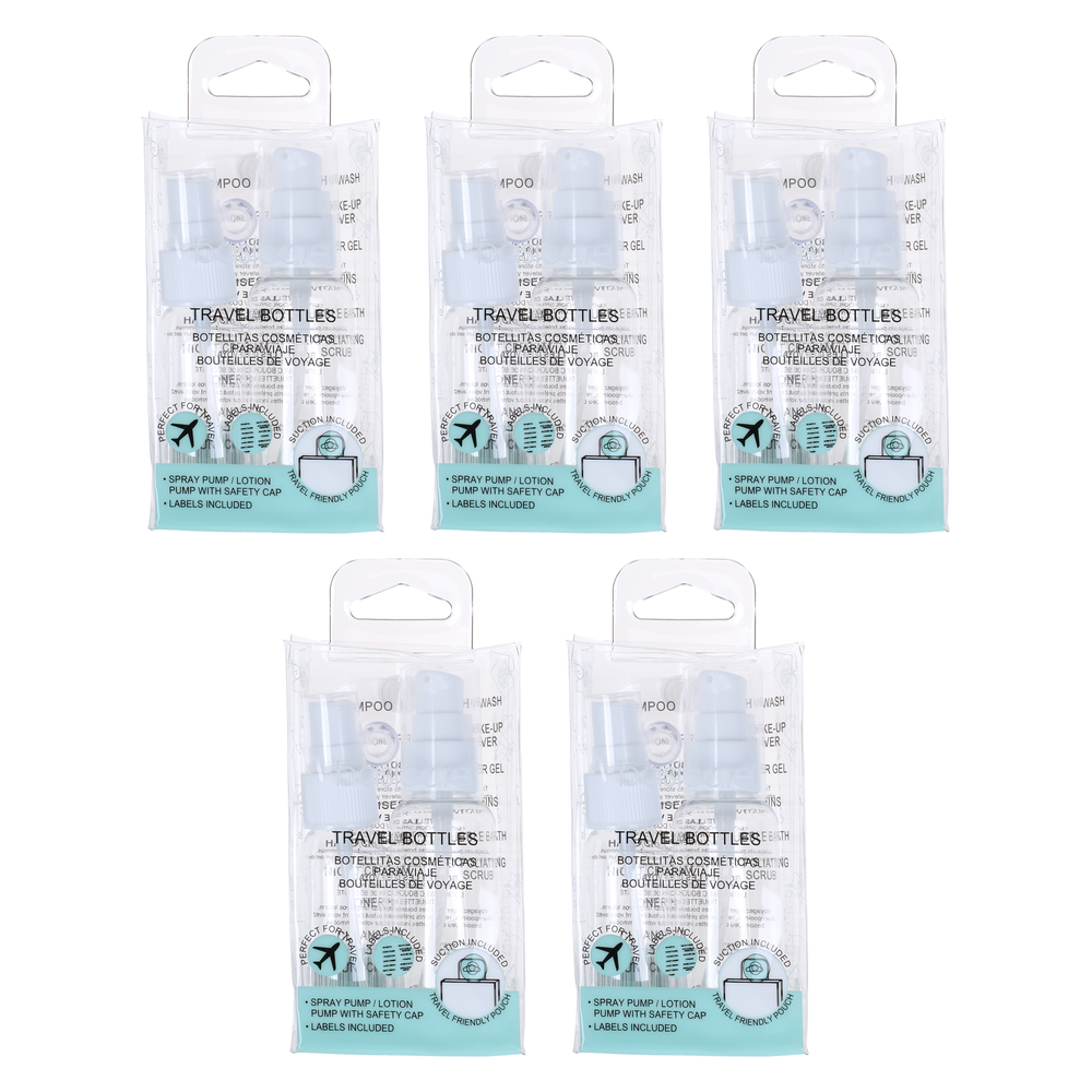 Basicare Refillable Travel Bottles Set Bundle of 5 With Pumps and Labels