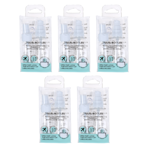 Basicare Refillable Travel Bottles Set Bundle of 5 With Pumps and Labels
