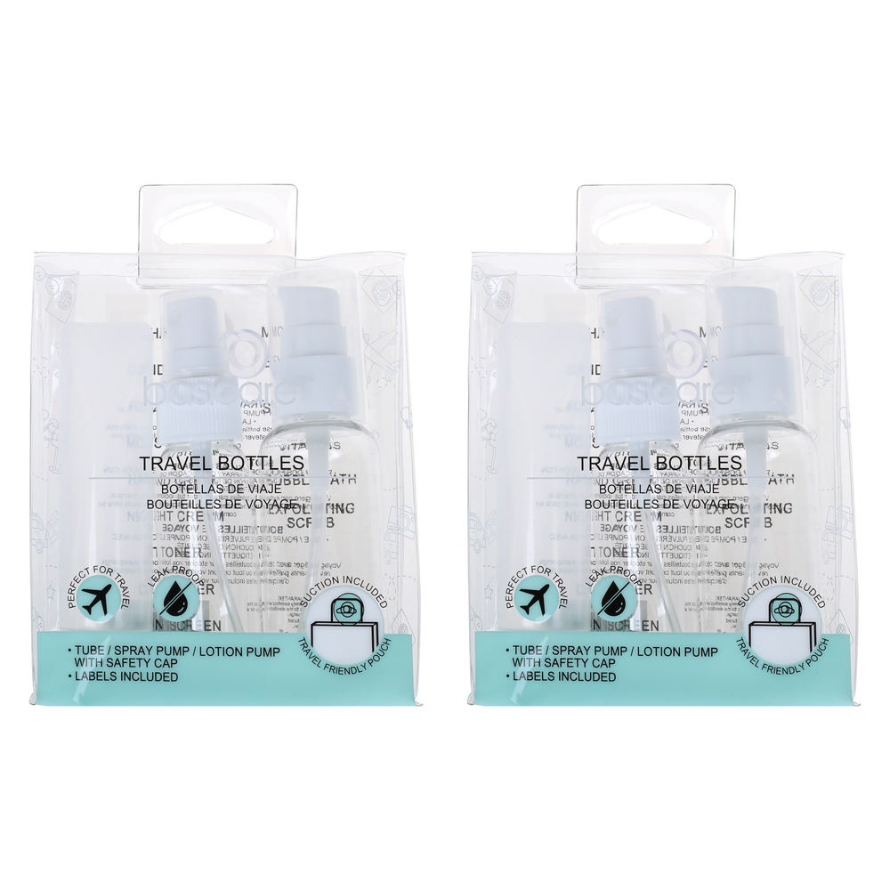 Basicare Travel Refillable Bottles Set Bundle of 2 with Pumps Labels and Caps
