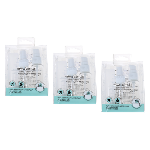 Basicare Travel Refillable Bottles Bundle of 3 with Pumps and Labels