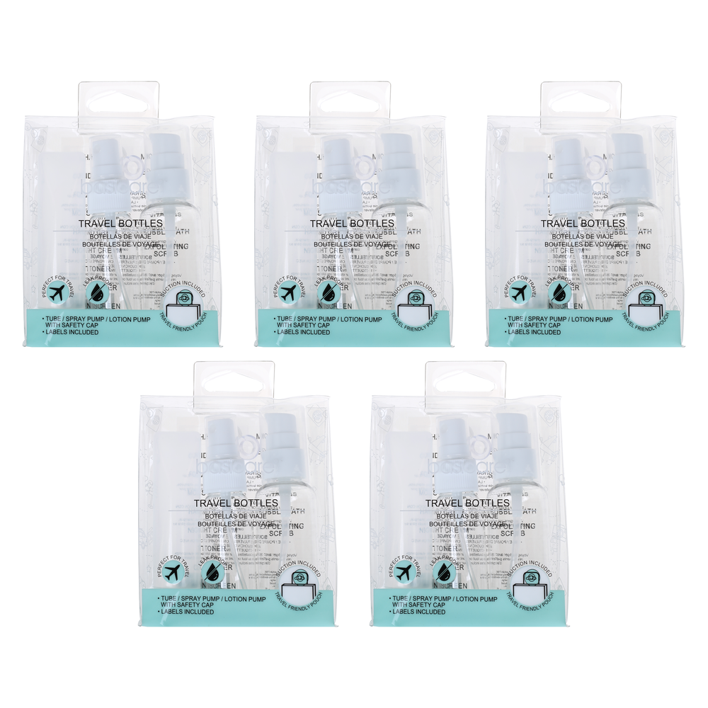 Safe Home Care Refillable Travel Bottles Set Bundle of 5 with Pumps and Labels