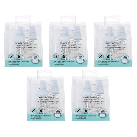 Safe Home Care Refillable Travel Bottles Set Bundle of 5 with Pumps and Labels