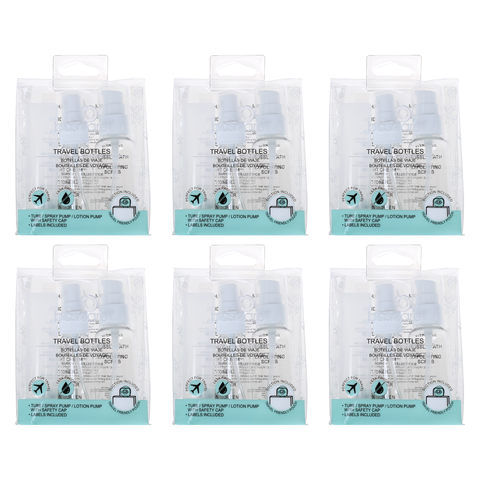 Safe Home Care Travel Bottles Bundle of 6 Refillable Set with Pumps Labels