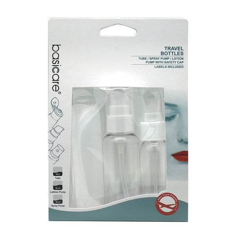 Safe Home Care Refillable Travel Bottles Set with Spray Lotion Pumps and Labels