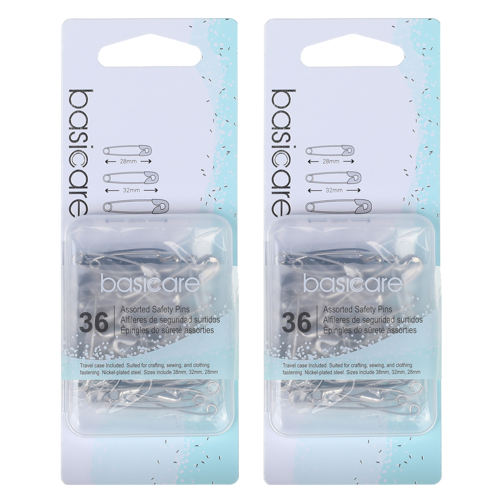 Basicare Assorted Safety Pins 36 Pack Rust Resistant Travel Case 2 Pack