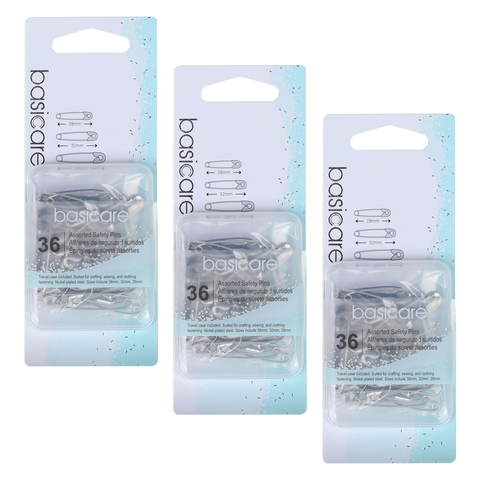 Basicare Assorted Safety Pins 36pcs with Travel Case Bundle of 3